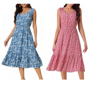 INSPIRE CHIC Women's Summer Boho Beach V Neck Sleeveless Floral Flowy Tiered Midi Dress with Pockets 2 Packs - 1 of 4