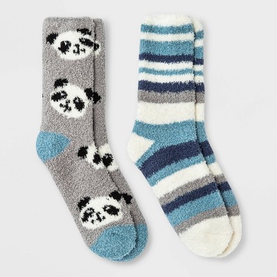 Women's Panda 2pk Cozy Crew Socks - Gray/Blue 4-10