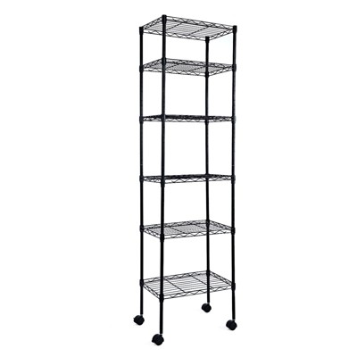 Vynxaria Black 6-Tier Utility Storage Shelves with Wheels and Hooks, 17" D x 11" W x 63" H