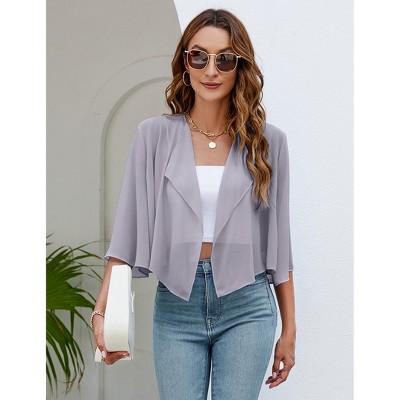 Womens Cardigan Open Front 3/4 Sleeve Lapel Collar Shrugs Lightweight Cardigan,Gray - M
