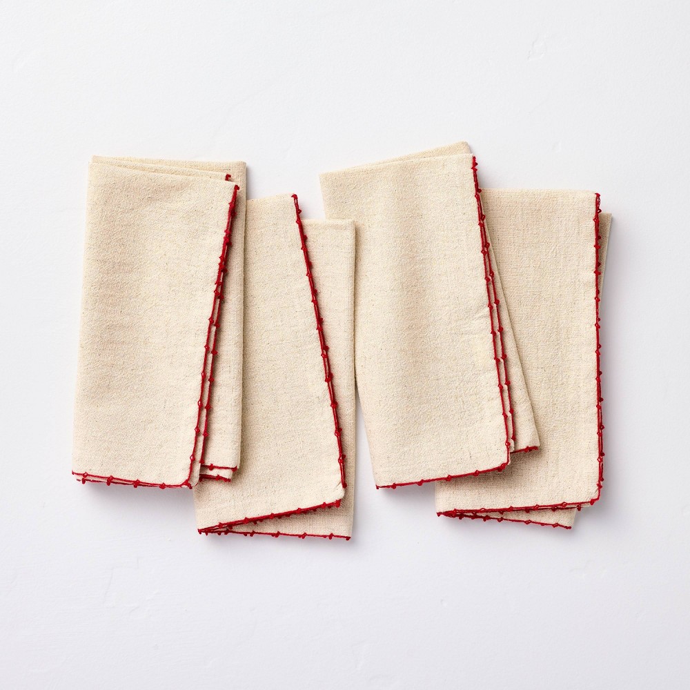 4pk Embroidered Trim Cloth Napkins Natural/Red - Hearth & Hand™ with Magnolia