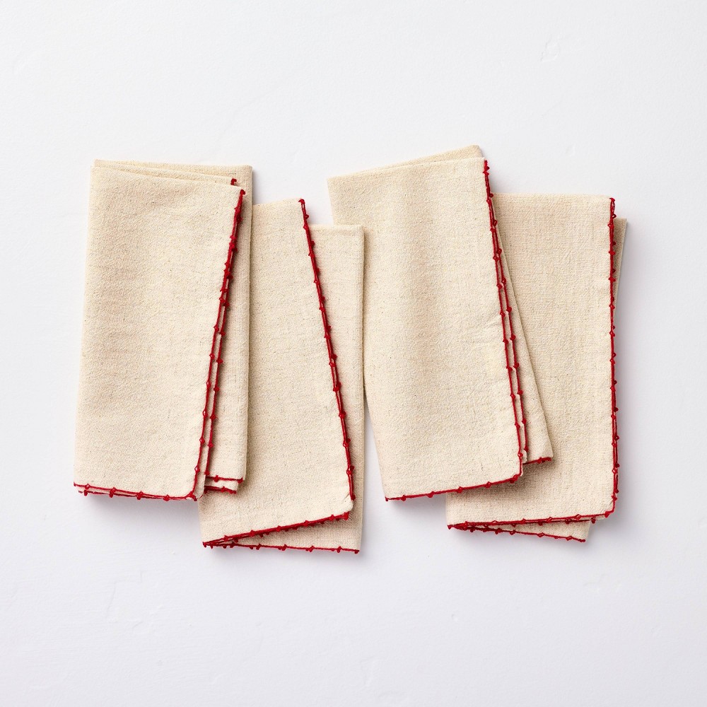 Photos - Other Accessories 4pk Embroidered Trim Cloth Napkins Natural/Red - Hearth & Hand™ with Magno