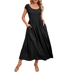 Women's Maternity Dress Casual Summer Round Neck Short Sleeve Smocked High Waist Maxi Dress with Pockets - 1 of 4
