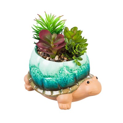 Evergreen Ceramic Turtle Planter with Succulent