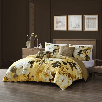 Queen Size Brown Cotton Reversible Comforter Set with Floral Design