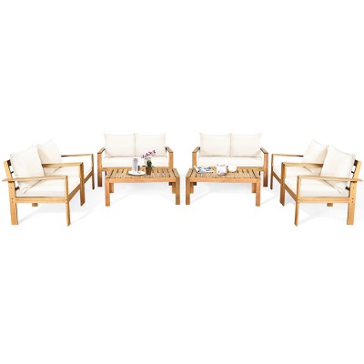 Tangkula 8PCS Patio Acacia Wood Conversation Furniture Set w/ Off White Cushions