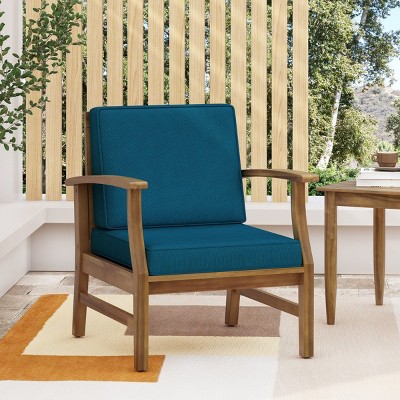 Outdoor Acacia Wood Armrests Club Chair,Fabric Upholstered Armrests Chair,Club Chair With Wood Frame And Slat Design Backrest-Coolbibila