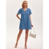 INSPIRE CHIC Women's Denim Short Sleeve V Neck Pockets Tie Front Casual A-Line Mini Jean Dresses - 3 of 4