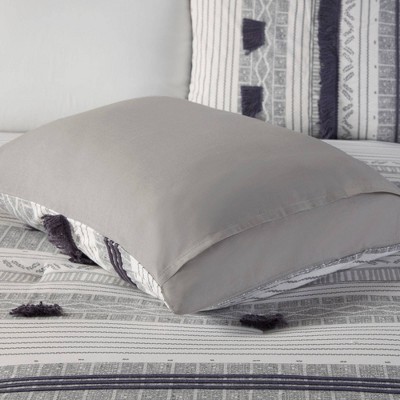 Gray and Navy Queen Cotton Comforter Set with Pom Accents