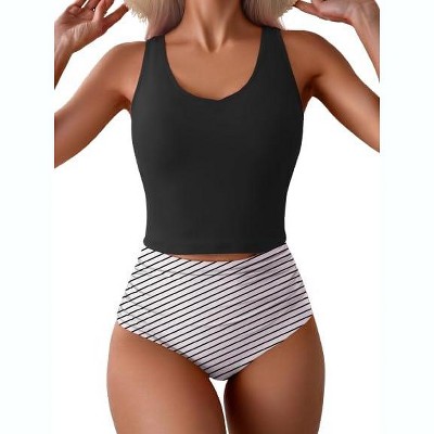 Eomenie Two Piece Tankini Swimsuits for Women Tummy Control Bathing Suits Cutout Back Swim Tank Top with High Waisted Bottom