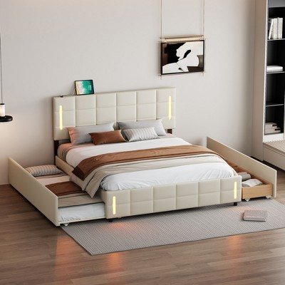 Queen Size Upholstered Wooden Platform Bed Frame with Twin XL Trundle Bed and Drawers 4Q -ModernLuxe