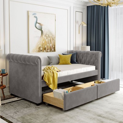 NicBex Twin Size Upholstered Daybed Modern Wooden Bed Frame with 2 Drawers for Bedroom, Living Room, No Box Spring Required, Space Saving
