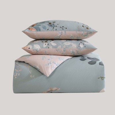 Peach Leaves on Sage Cotton Reversible Queen Comforter Set