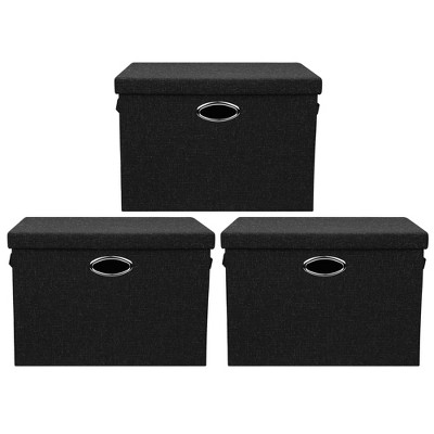 Posprica 17 x 12 Inch Collapsible Fabric Storage Organization Bins with Lids for Nursery, Living Room, Bedroom, or Office, Black (3 Pack)