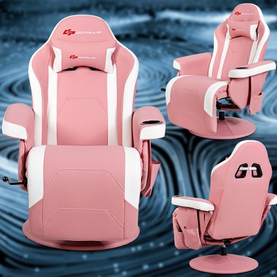 Pink and White PU Leather Reclining Gaming Chair with Footrest