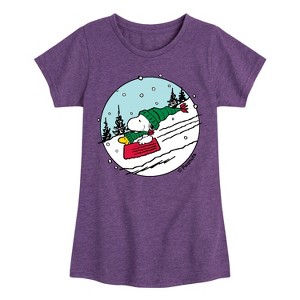 Girls' - Peanuts - Snoopy Woodstock Sled Fitted Short Sleeve Graphic T-Shirt - 1 of 4
