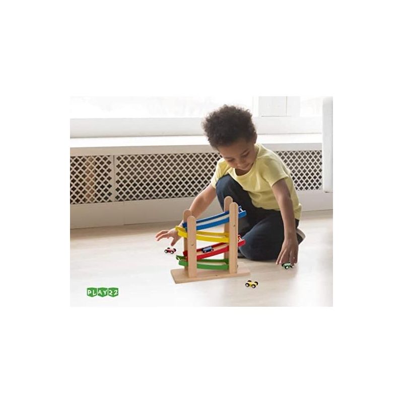 4 Level Toy Wooden Car Roller Ramp - Wooden Race Track Car Ramp Racer With 4 Wooden Cars - Toddler Race Car Ramp - Play22Usa, 4 of 10