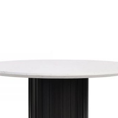 54" Round White Marble Top Black Pedestal Dining Table