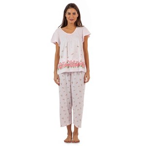 Casual Nights Women's Short Sleeve Floral Border Capri Pajama Set - 1 of 4