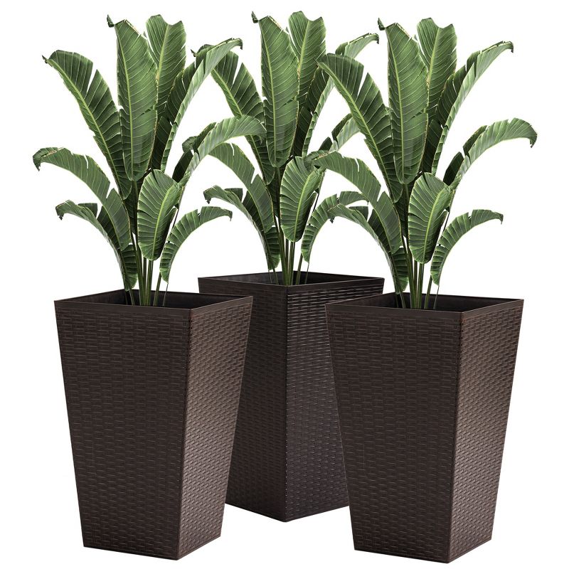 Outsunny Set of 3 Tall Planters with Drainage Holes, Outdoor & Indoor Flower Pot Set for Front Door, Entryway, Patio and Deck, Brown, 1 of 7