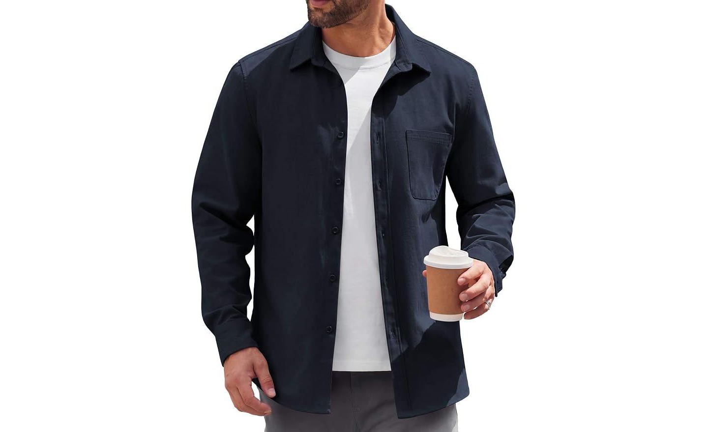 Мужская куртка COOFANDY Lightweight Button Down Shirt Jacket Casual Shacket Overshirt Nave Blue L Navy Blue, цвет: Синий — фото 1