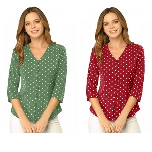 INSPIRE CHIC Women's Polka Dots 3/4 Sleeve Casual Button Front Shirt 2 Pieces - 1 of 4