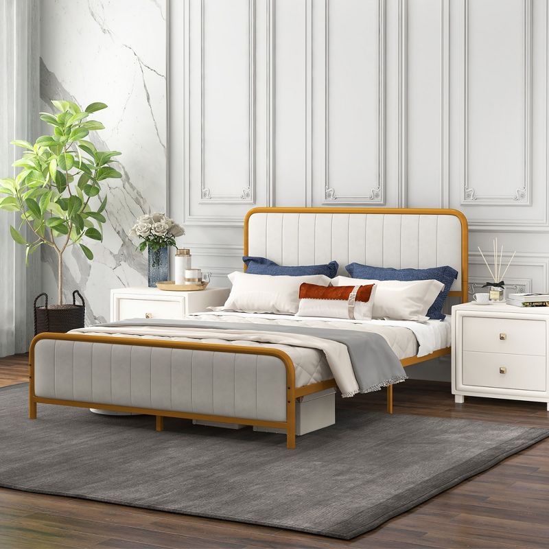 Costway Full Gold Metal Bed Frame Upholstered Platform Bed with Velvet Headboard, 5 of 11