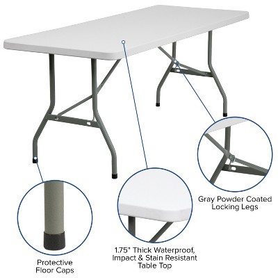 6-Foot Gray Metal Frame White Plastic Folding Table
