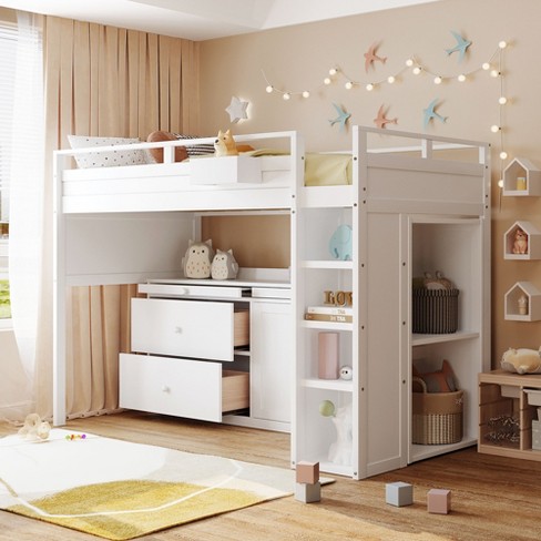 Twin Size Loft Bed With Rolling Cabinet And Desk, White-modernluxe : Target