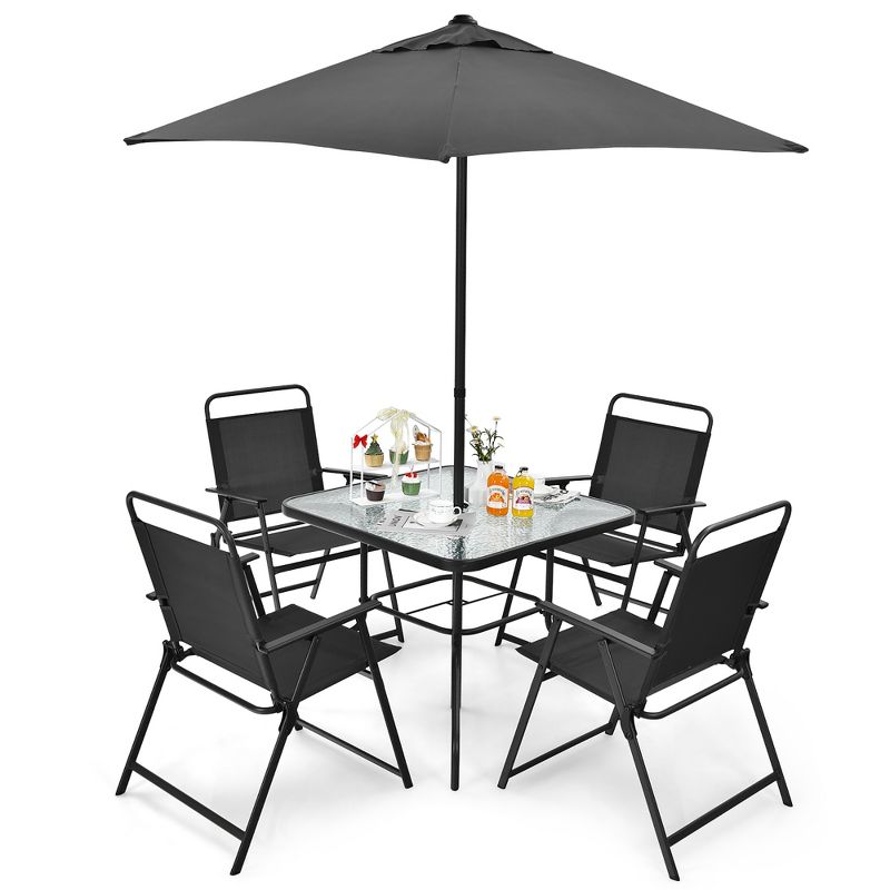 Costway 6PCS Patio Furniture Dining Set Folding Chairs Glass Table W/Umbrella Deck Grey, 3 of 11