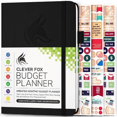 Undated Budget Planner 5.5"x8.32" Black - Clever Fox: Monthly Finance Book, Ribbon Marker, Pockets, Adult & Teen
