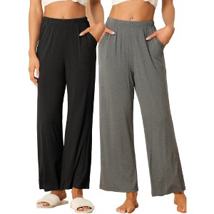 cheibear Women's Cotton Elastic Waist Straight Wide Leg Long Pants with Pocket 2 Pack - 1 of 4