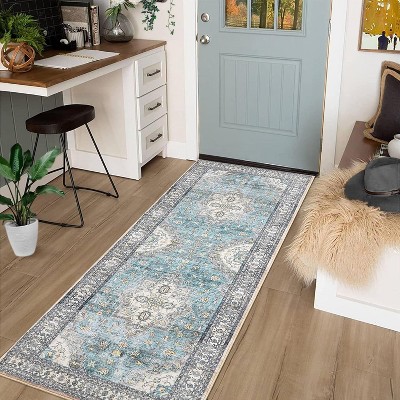 2'x6' Boho Printed Area Rug, Low Pile Non-Slip, Washable, Non-Shedding Vintage Thin Indoor Carpet for Living Room, Nursery, Brown