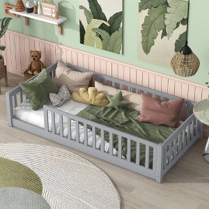 Whisen Twin Bed & Rubber Wood Floor Bed with Fence without Door, Multi - Functional Floor Bed for Kids' Sleep & Play - 1 of 4