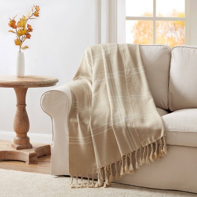 VCNY 50"x60" Leena Plaid Fringe Throw Blanket Ivory/Tan: Hypoallergenic Microfiber, Farmhouse Style, Cruelty-Free