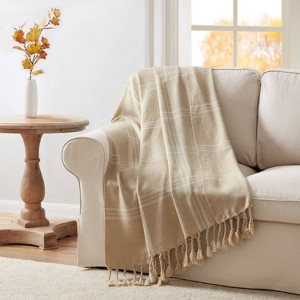 VCNY 50"x60" Leena Plaid Fringe Throw Blanket Ivory/Tan: Hypoallergenic Microfiber, Farmhouse Style, Cruelty-Free - 1 of 4