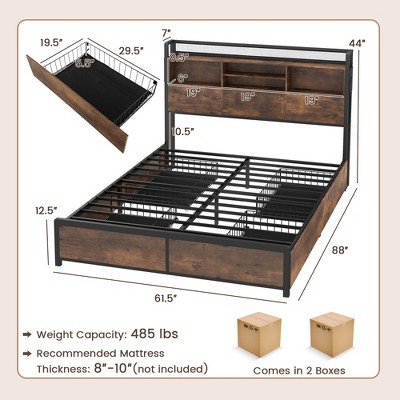 Queen Size Vintage Brown Bed Frame with Bookcase Headboard and Storage Drawers