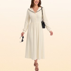 EadianDree Womens Long Sleeve Sailor Collar Midi Dress Casual Ribbed Button Down High Waist Pleated Swing Dresses for Women : Target