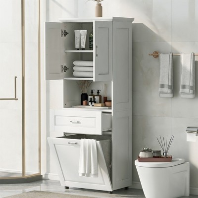 Tall Bathroom Storage Cabinet, Toilet Paper Towels Storage Cabinet, Free Standing Bathroom Organizer, With Tilting Laundry Basket