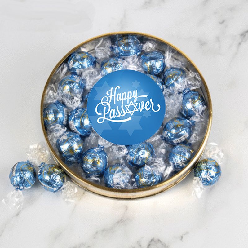 Happy Passover Candy Gift Tin with Chocolate Lindor Truffles by Lindt Large Plastic Tin with Sticker - By Just Candy, 1 of 2