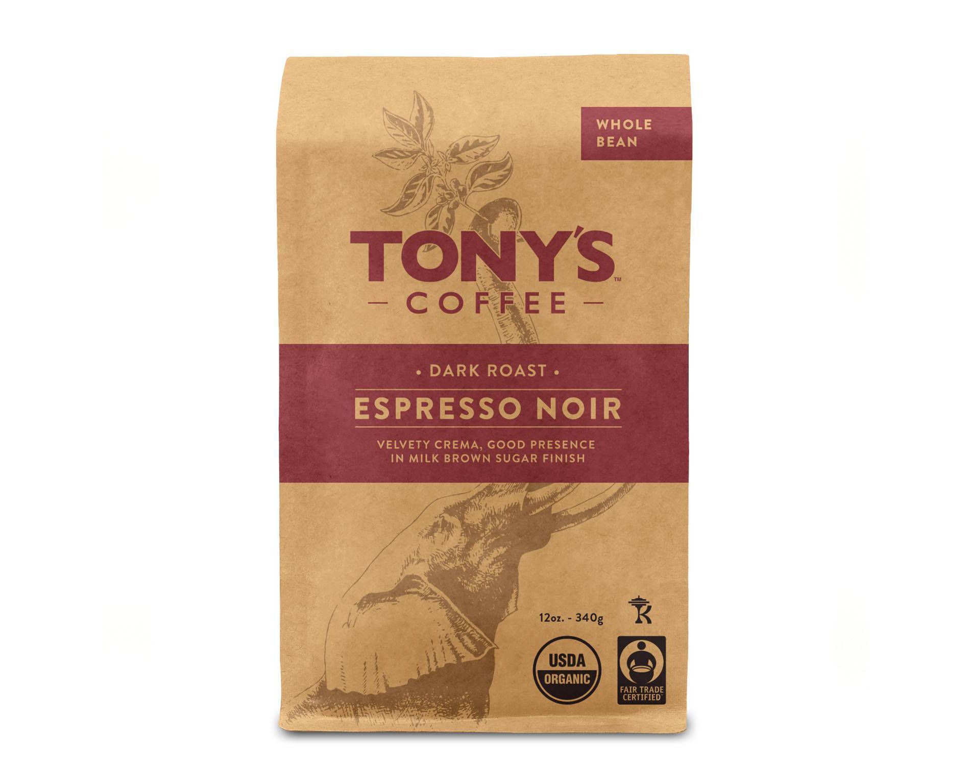 Tony's Coffee Espresso Noir Dark Roast Whole Bean Coffee - 12oz: Organic Certified, Fair Trade Certified, Arabica Beans