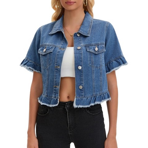 INSPIRE CHIC Women's Turndown Collar Short Sleeve Denim Lightweight Ruffle Cropped Jean Jacket Small Blue