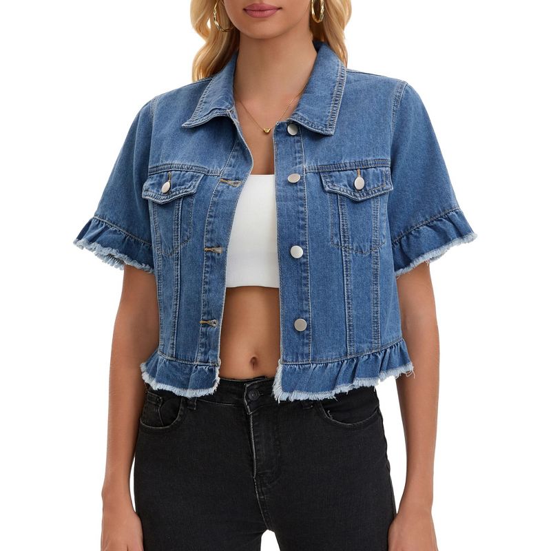 INSPIRE CHIC Women's Turndown Collar Short Sleeve Denim Lightweight Ruffle Cropped Jean Jacket Small Blue