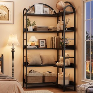 L Shaped 5 Tier Corner Bookshelf, Industrial Arched Bookcase with Metal Frame - 1 of 4
