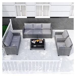 5 PCS Outdoor Patio Furniture,PE Rattan Grey Wicker with Dining Table &Chair,Sectional Chair Set with Washable Cushions - 1 of 4