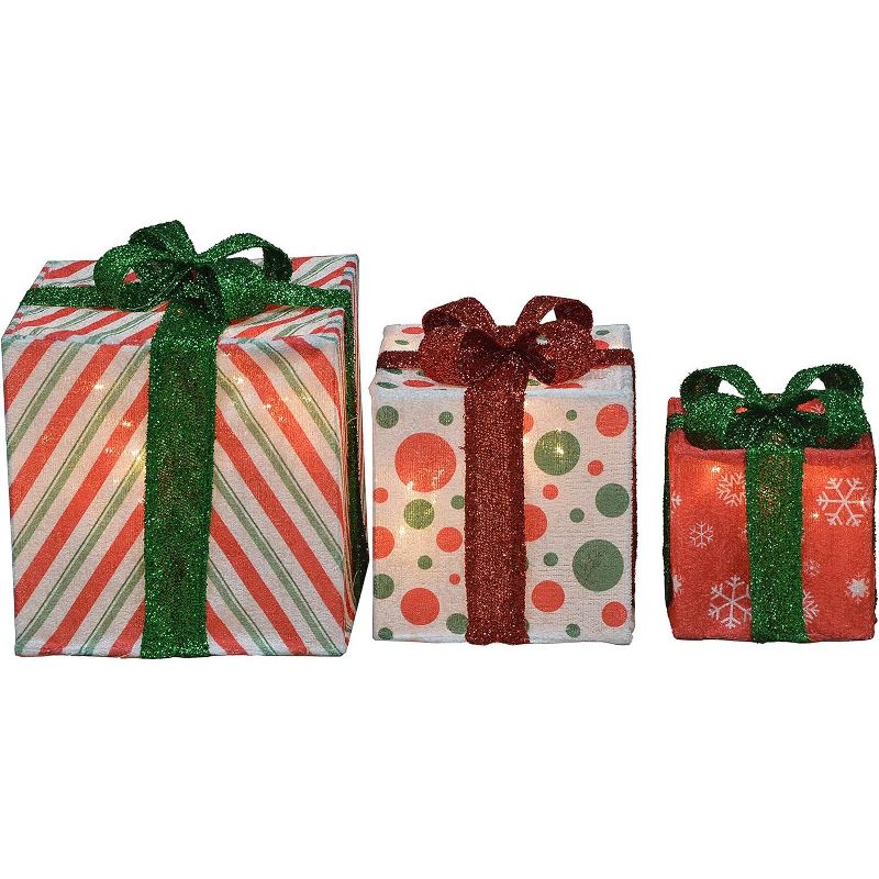 Candy Cane Lane 8/10/12 Inch Set Of Three Red Stripe, Dot, Snowflake With Red Or Green Bow Presents Outdoor Led Décor, Nested, 2 of 3