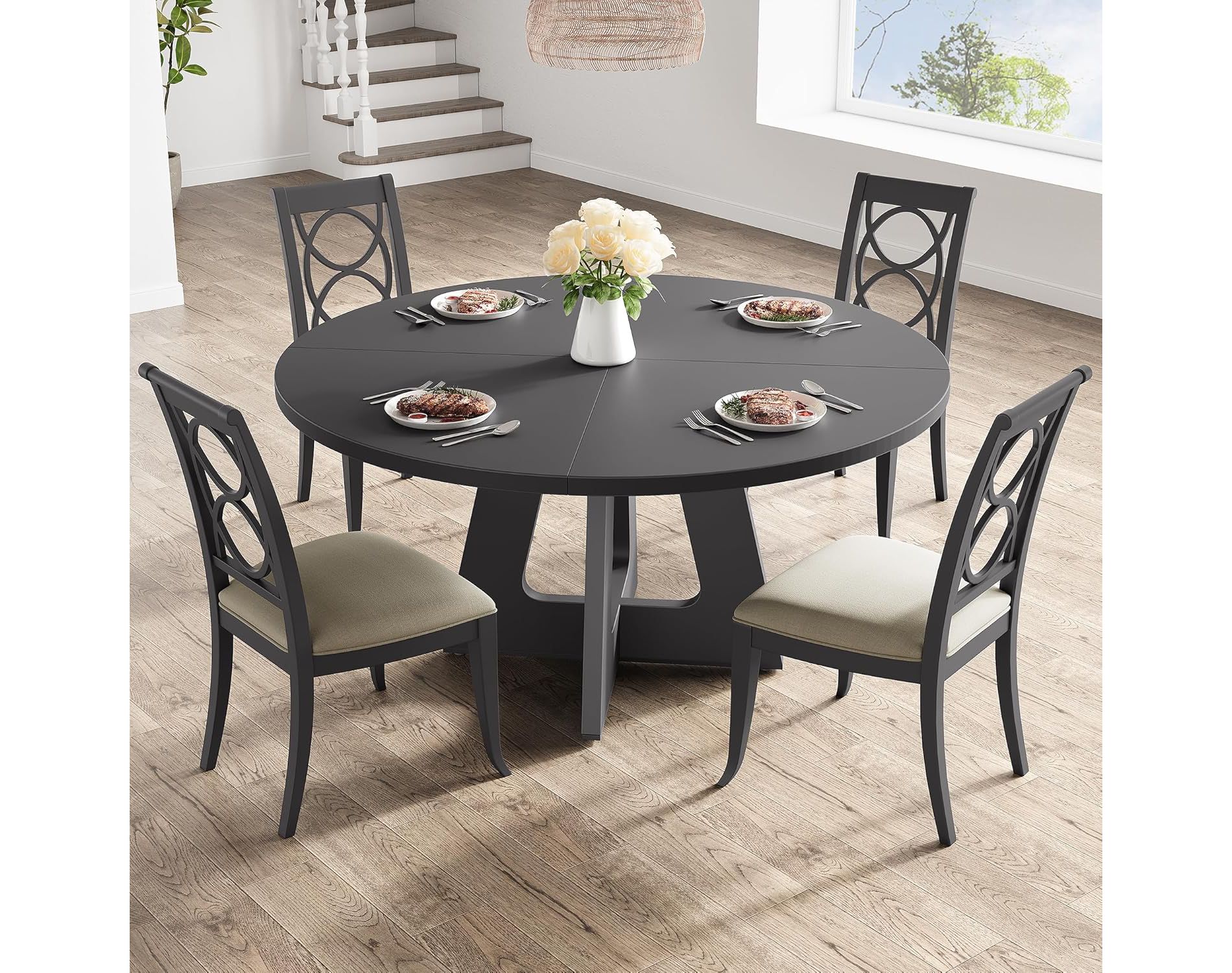 47-Inch Round Large Dining Table for 4 to 6, Farmhouse Dinner Table with Wooden Top and Legs for Dining Room Black (Only Table)