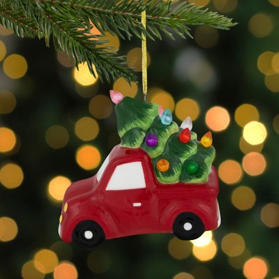 Northlight Lighted Truck with Christmas Tree Ceramic Ornament - 3.75" - Red and Green