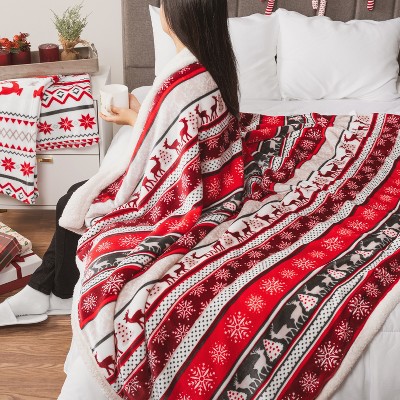 Holiday Reindeer Red and White Sherpa Fleece Reversible Throw Blanket