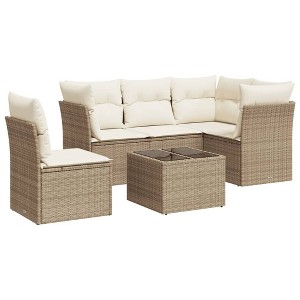 vidaXL 6 Piece Patio Sofa Set with Cushions Beige and Cream Poly Rattan - With Table - 1 of 4
